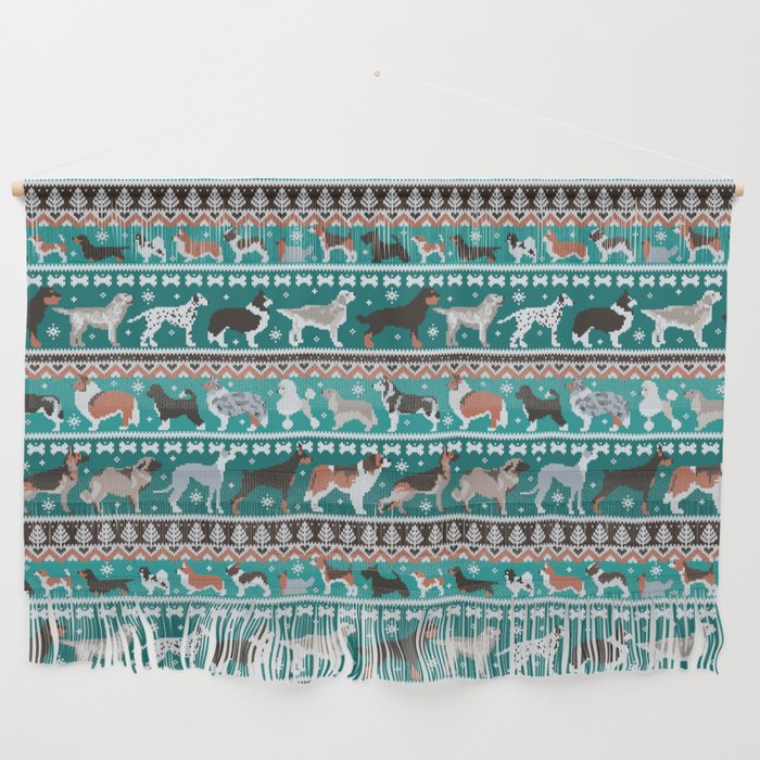 Fluffy and bright fair isle knitting doggie friends // pine and java green background brown orange white and grey dog breeds  Wall Hanging Gallery Image 1