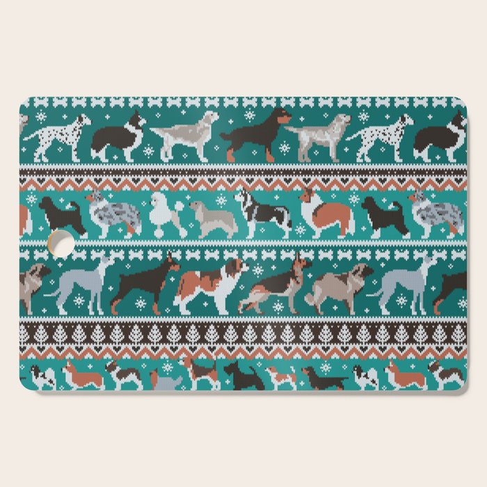 Fluffy and bright fair isle knitting doggie friends // pine and java green background brown orange white and grey dog breeds  Cutting Board Gallery Image 1