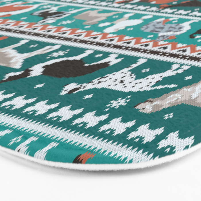 Fluffy and bright fair isle knitting doggie friends // pine and java green background brown orange white and grey dog breeds  Bath Mat Gallery Image 3
