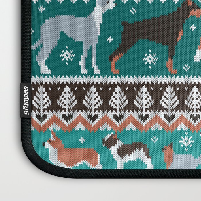 Fluffy and bright fair isle knitting doggie friends // pine and java green background brown orange white and grey dog breeds  Laptop Sleeve Gallery Image 3