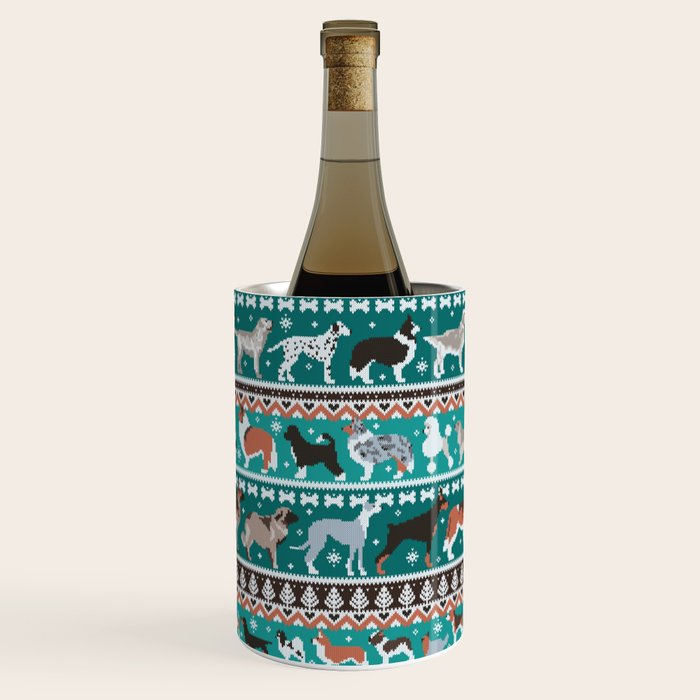 Fluffy and bright fair isle knitting doggie friends // pine and java green background brown orange white and grey dog breeds  Wine Chiller Gallery Image 2