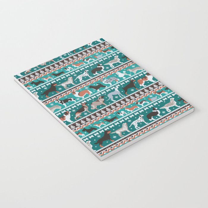 Fluffy and bright fair isle knitting doggie friends // pine and java green background brown orange white and grey dog breeds  Notebook Gallery Image 3