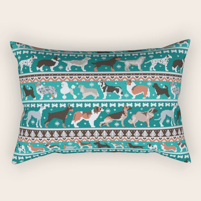 Fluffy and bright fair isle knitting doggie friends // pine and java green background brown orange white and grey dog breeds  Rectangular Pillow Gallery Image 1