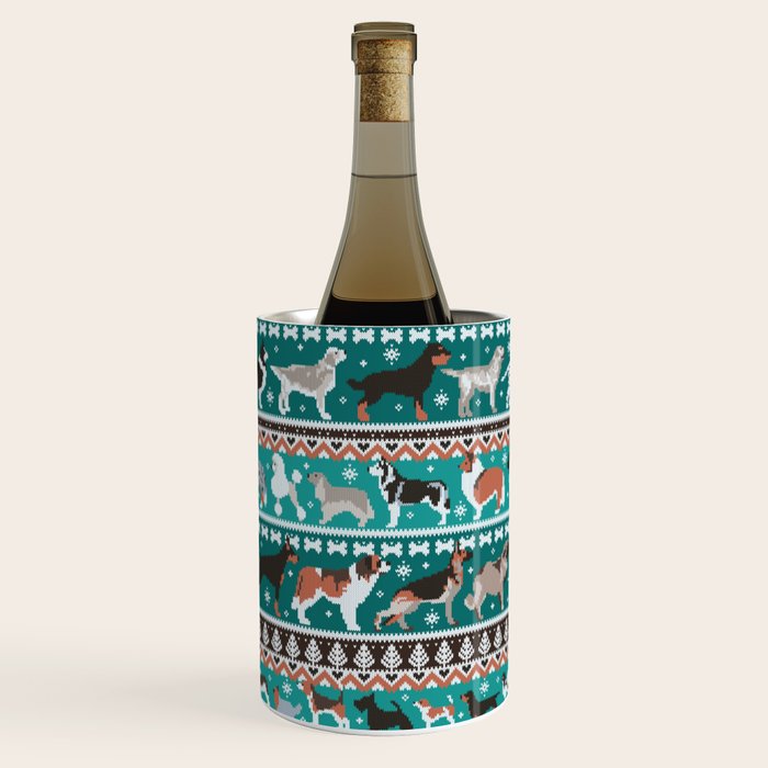 Fluffy and bright fair isle knitting doggie friends // pine and java green background brown orange white and grey dog breeds  Wine Chiller Gallery Image 1