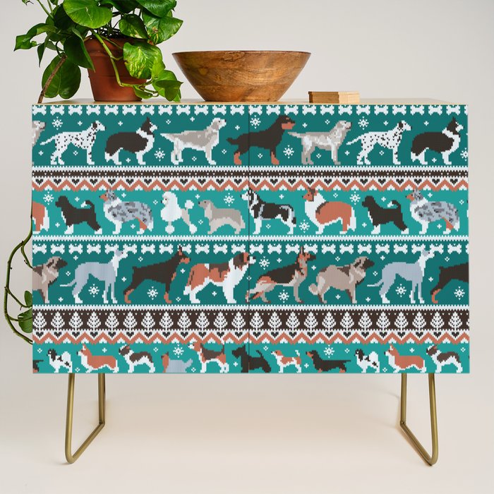 Fluffy and bright fair isle knitting doggie friends // pine and java green background brown orange white and grey dog breeds  Credenza Gallery Image 1