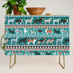Fluffy and bright fair isle knitting doggie friends // pine and java green background brown orange white and grey dog breeds  Credenza Gallery Image 1