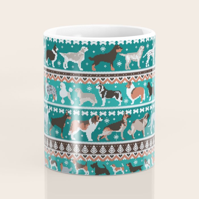 Fluffy and bright fair isle knitting doggie friends // pine and java green background brown orange white and grey dog breeds  Coffee Mug Gallery Image 4