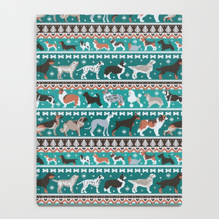 Fluffy and bright fair isle knitting doggie friends // pine and java green background brown orange white and grey dog breeds  Notebook Gallery Image 4