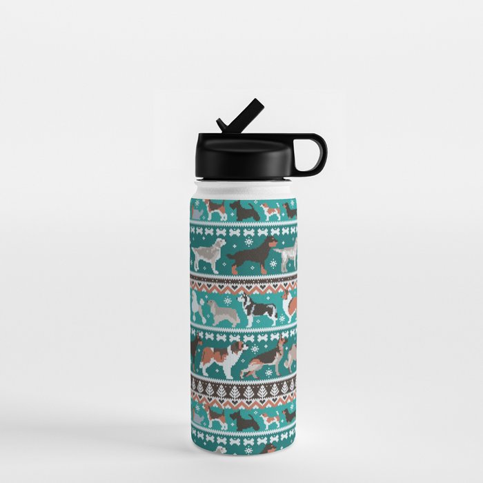 Fluffy and bright fair isle knitting doggie friends // pine and java green background brown orange white and grey dog breeds  Water Bottle Gallery Image 1