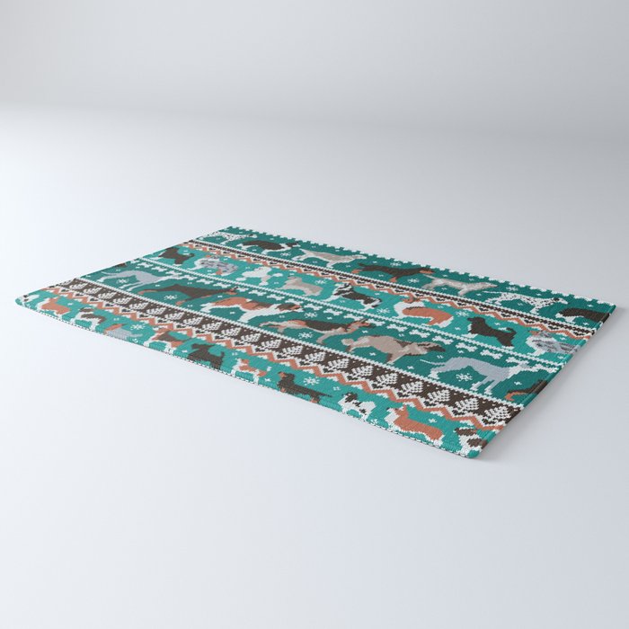 Fluffy and bright fair isle knitting doggie friends // pine and java green background brown orange white and grey dog breeds  Rug Gallery Image 3