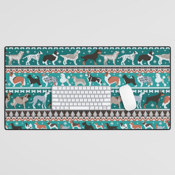 Fluffy and bright fair isle knitting doggie friends // pine and java green background brown orange white and grey dog breeds  Desk Mat Gallery Image 1