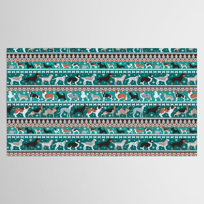 Fluffy and bright fair isle knitting doggie friends // pine and java green background brown orange white and grey dog breeds  Tablecloth Gallery Image 2