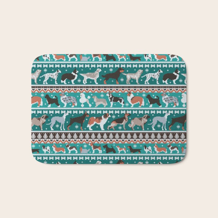 Fluffy and bright fair isle knitting doggie friends // pine and java green background brown orange white and grey dog breeds  Bath Mat Gallery Image 1
