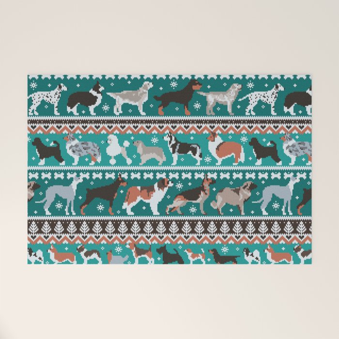 Fluffy and bright fair isle knitting doggie friends // pine and java green background brown orange white and grey dog breeds  Welcome Mat Gallery Image 1