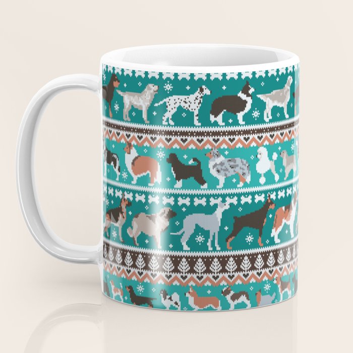 Fluffy and bright fair isle knitting doggie friends // pine and java green background brown orange white and grey dog breeds  Coffee Mug Gallery Image 3