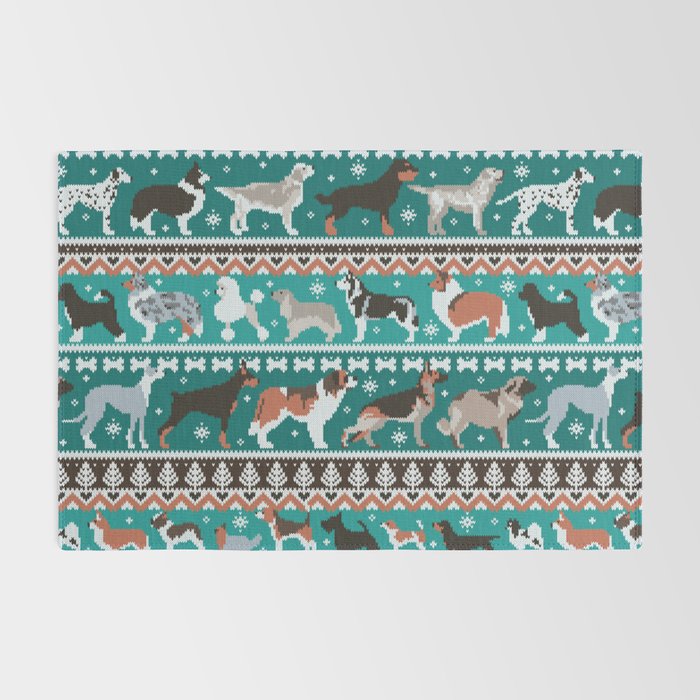 Fluffy and bright fair isle knitting doggie friends // pine and java green background brown orange white and grey dog breeds  Rug Gallery Image 2