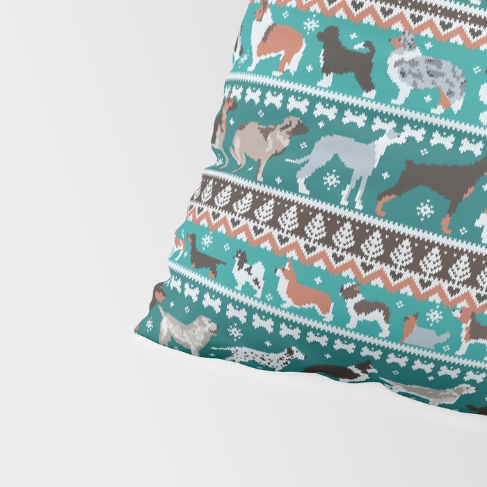 Fluffy and bright fair isle knitting doggie friends // pine and java green background brown orange white and grey dog breeds  Pillow Sham Gallery Image 4
