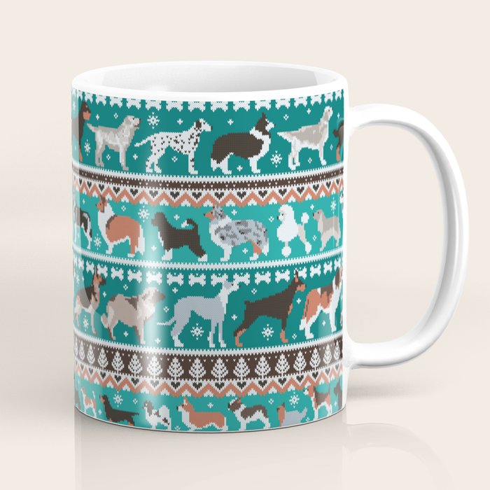 Fluffy and bright fair isle knitting doggie friends // pine and java green background brown orange white and grey dog breeds  Coffee Mug Gallery Image 1