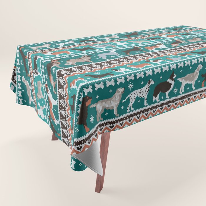 Fluffy and bright fair isle knitting doggie friends // pine and java green background brown orange white and grey dog breeds  Tablecloth Gallery Image 1