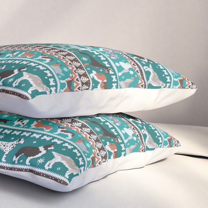 Fluffy and bright fair isle knitting doggie friends // pine and java green background brown orange white and grey dog breeds  Pillow Sham Gallery Image 3