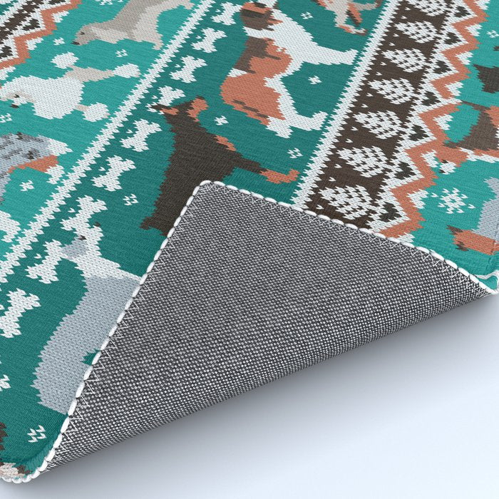 Fluffy and bright fair isle knitting doggie friends // pine and java green background brown orange white and grey dog breeds  Rug Gallery Image 4