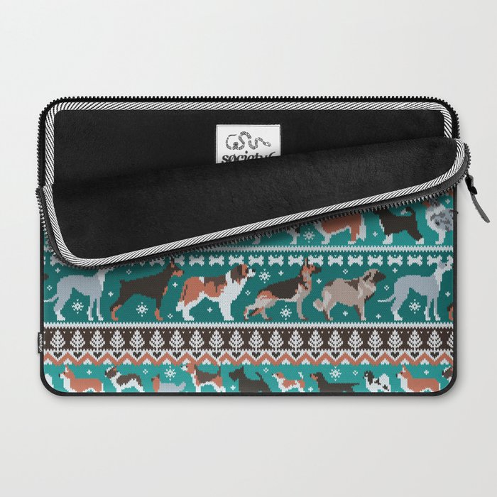 Fluffy and bright fair isle knitting doggie friends // pine and java green background brown orange white and grey dog breeds  Laptop Sleeve Gallery Image 2