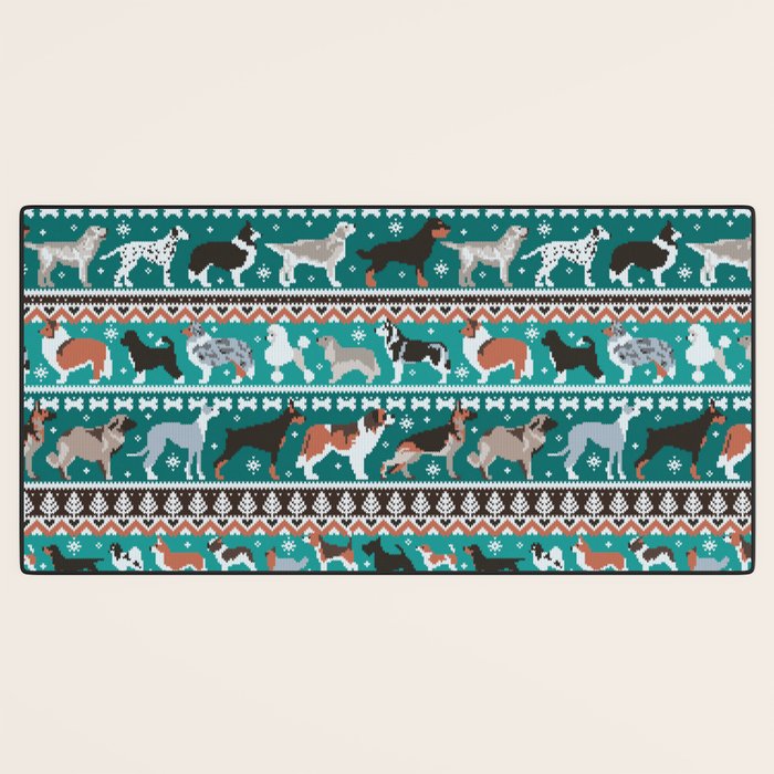 Fluffy and bright fair isle knitting doggie friends // pine and java green background brown orange white and grey dog breeds  Desk Mat Gallery Image 3