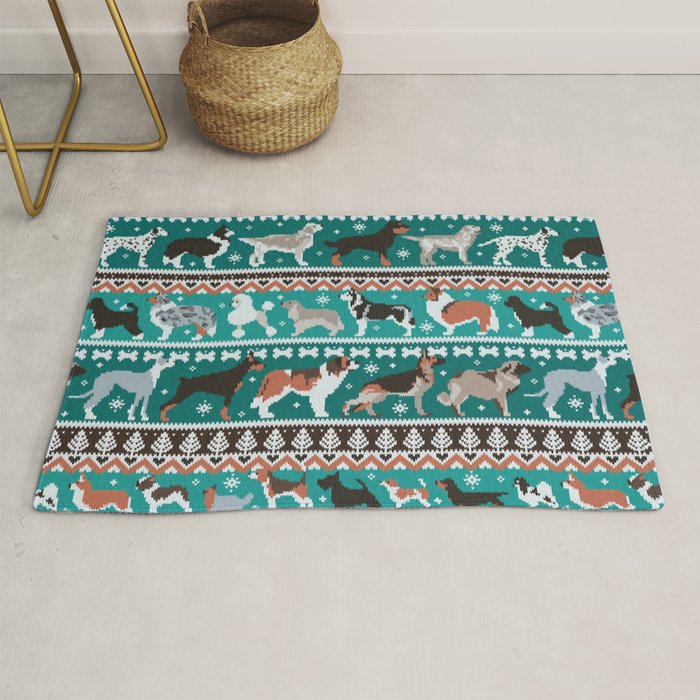 Fluffy and bright fair isle knitting doggie friends // pine and java green background brown orange white and grey dog breeds  Rug Gallery Image 1