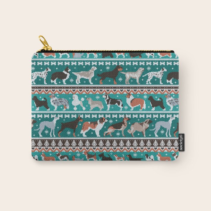 Fluffy and bright fair isle knitting doggie friends // pine and java green background brown orange white and grey dog breeds  Carry All Pouch Gallery Image 1