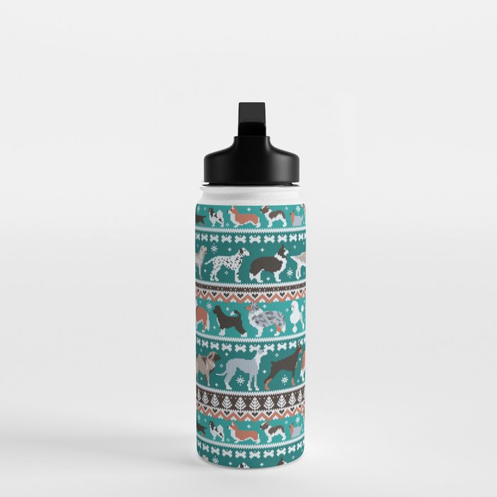 Fluffy and bright fair isle knitting doggie friends // pine and java green background brown orange white and grey dog breeds  Water Bottle Gallery Image 3