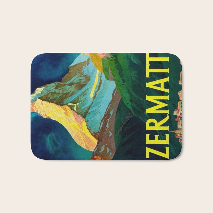 Zermatt Switzerland Vintage Mid Century Modern Travel Poster Bath Mat Gallery Image 1