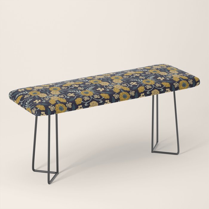Navy Blue, Turquoise, Cream & Mustard Yellow Dark Floral Pattern Bench Gallery Image 1