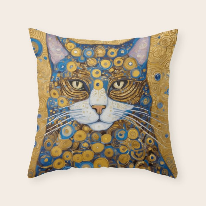 Gustav Klimt Style Cat with Blue and Gold Spots Throw Pillow Gallery Image 6