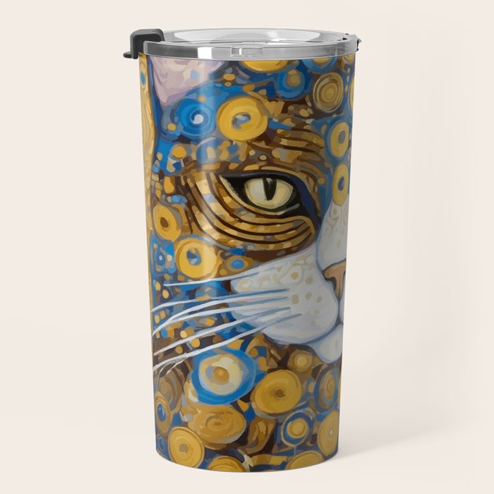 Gustav Klimt Style Cat with Blue and Gold Spots Travel Mug Gallery Image 3