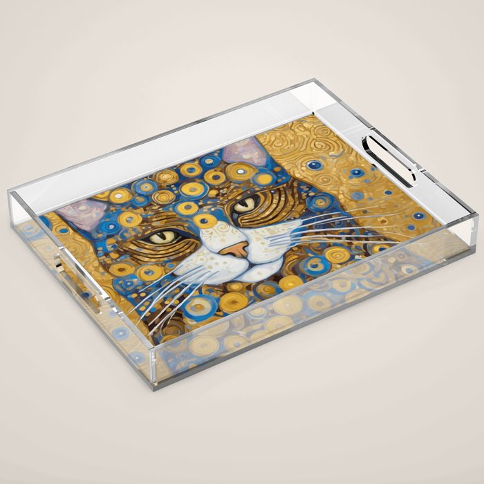 Gustav Klimt Style Cat with Blue and Gold Spots Acrylic Tray Gallery Image 1