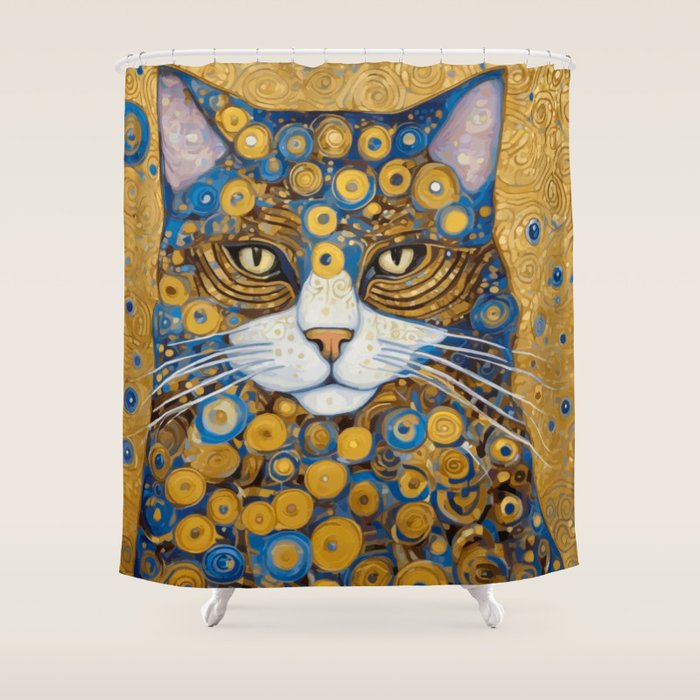 Gustav Klimt Style Cat with Blue and Gold Spots Shower Curtain Gallery Image 1