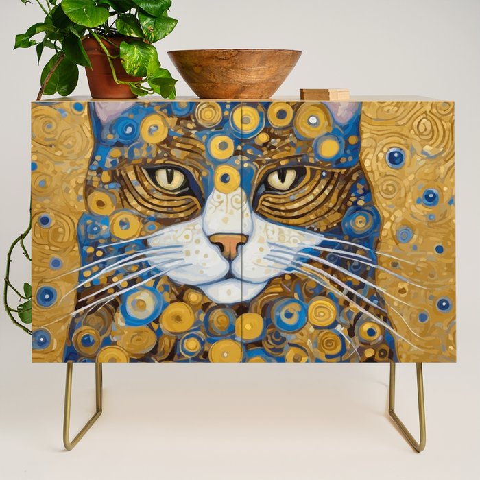 Gustav Klimt Style Cat with Blue and Gold Spots Credenza Gallery Image 1