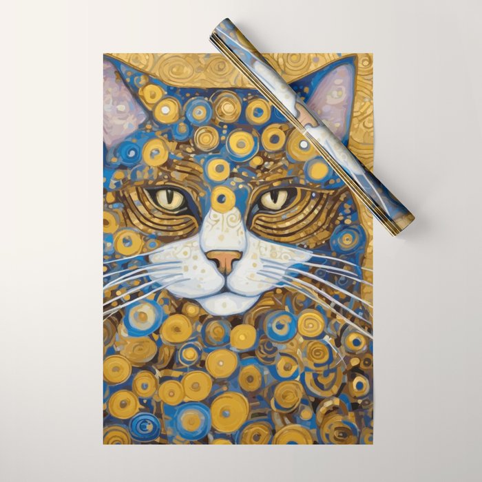 Gustav Klimt Style Cat with Blue and Gold Spots Wrapping Paper Gallery Image 1