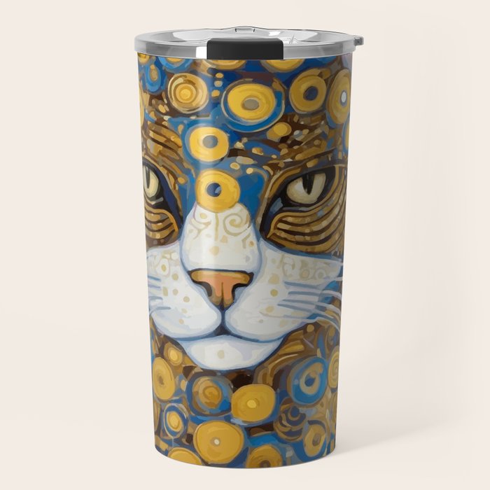 Gustav Klimt Style Cat with Blue and Gold Spots Travel Mug Gallery Image 1