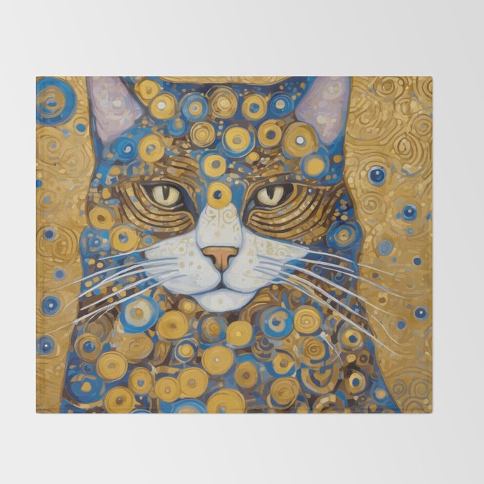 Gustav Klimt Style Cat with Blue and Gold Spots Throw Blanket Gallery Image 2