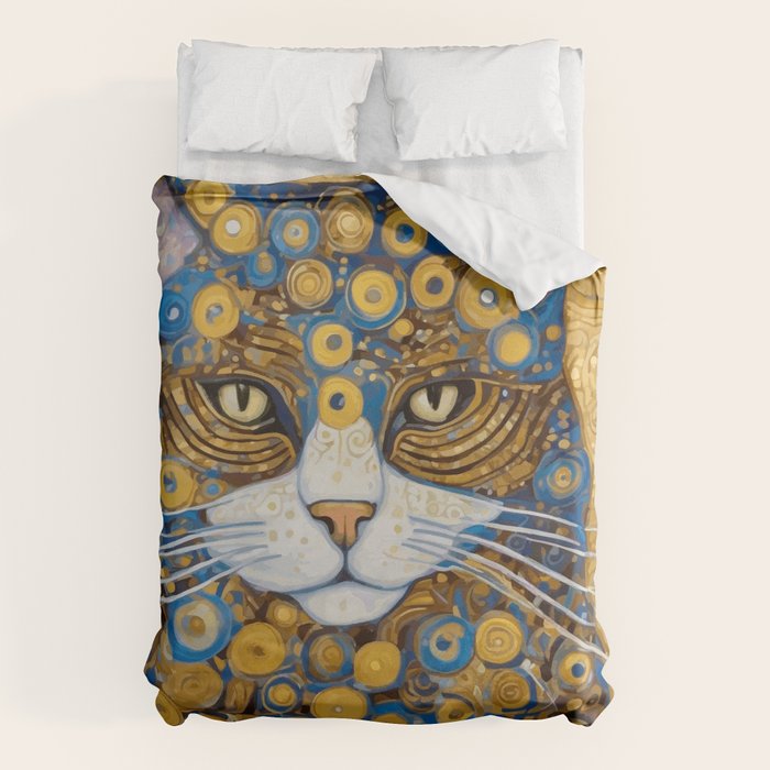 Gustav Klimt Style Cat with Blue and Gold Spots Duvet Cover Gallery Image 1