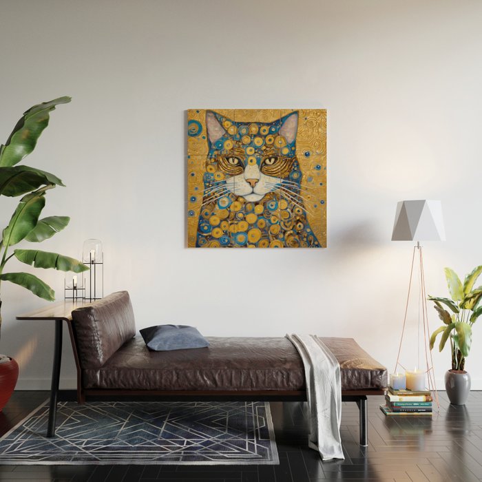 Gustav Klimt Style Cat with Blue and Gold Spots Wood Wall Art Gallery Image 2