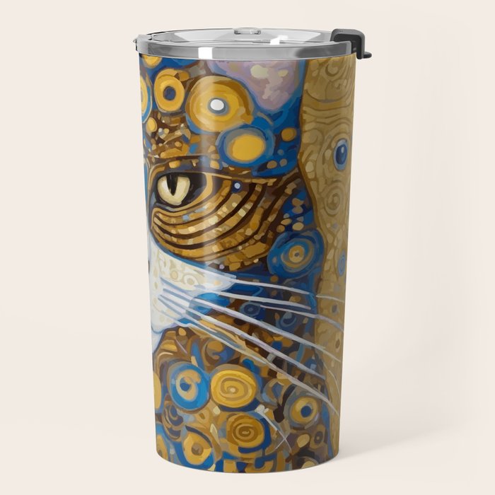 Gustav Klimt Style Cat with Blue and Gold Spots Travel Mug Gallery Image 2