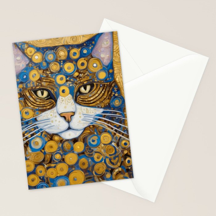 Gustav Klimt Style Cat with Blue and Gold Spots Stationery Card Gallery Image 2