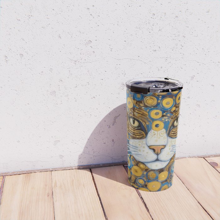 Gustav Klimt Style Cat with Blue and Gold Spots Travel Mug Gallery Image 4