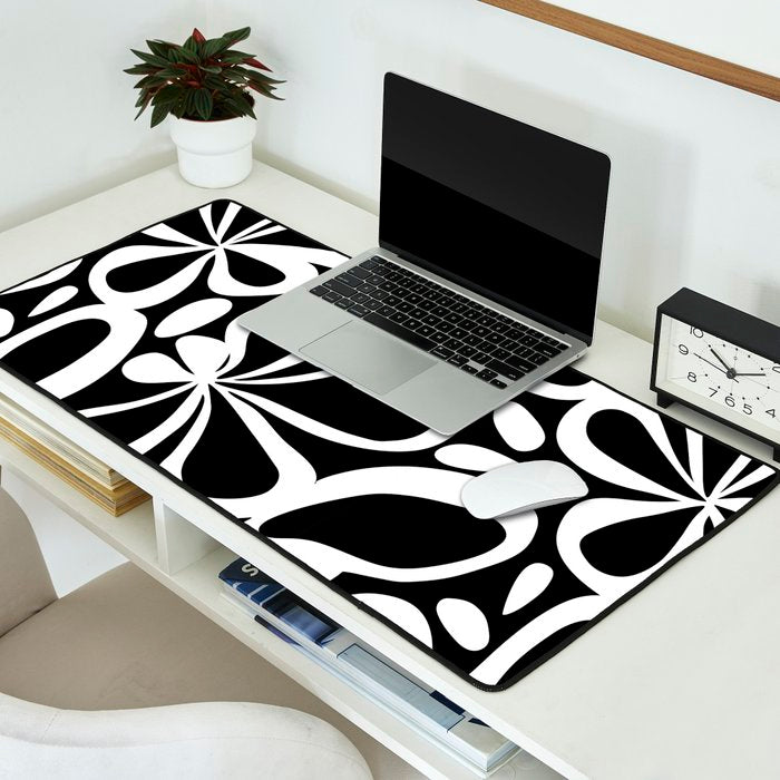 Abstract black and white flower art pattern Desk Mat Gallery Image 2
