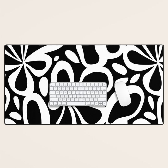 Abstract black and white flower art pattern Desk Mat Gallery Image 1