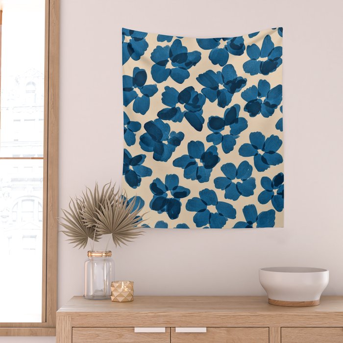 Deep Blue Flowers Wall Tapestry Gallery Image 2