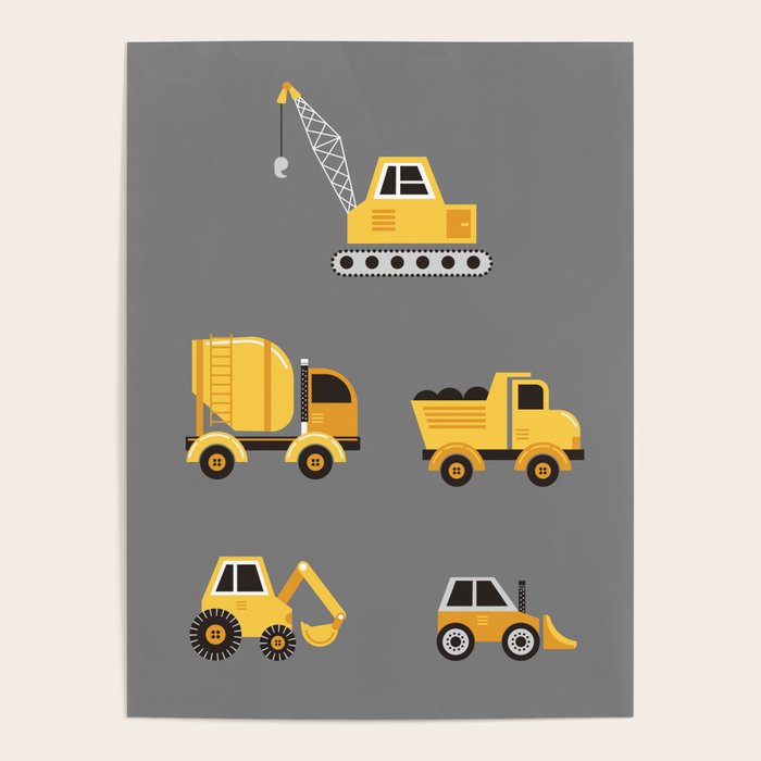 Construction Trucks on Gray Poster Gallery Image 4