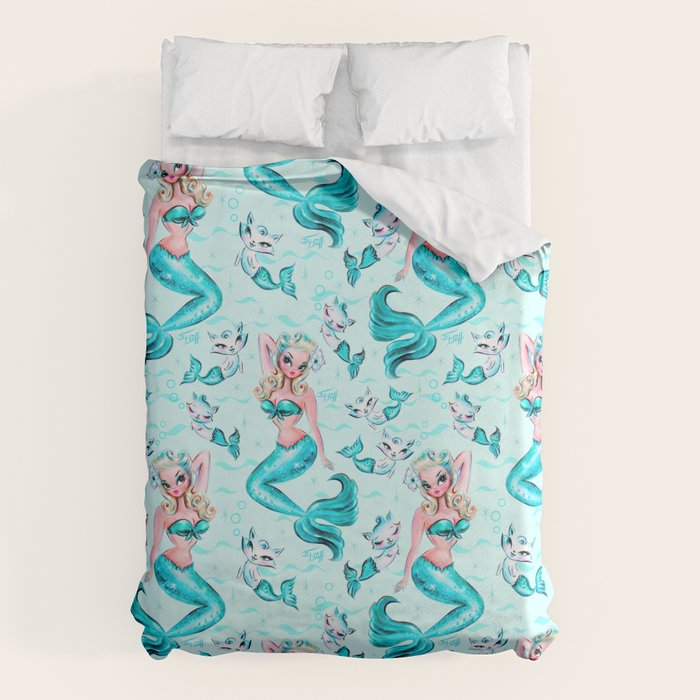 Pinup Mermaid with Merkittens Duvet Cover Gallery Image 1